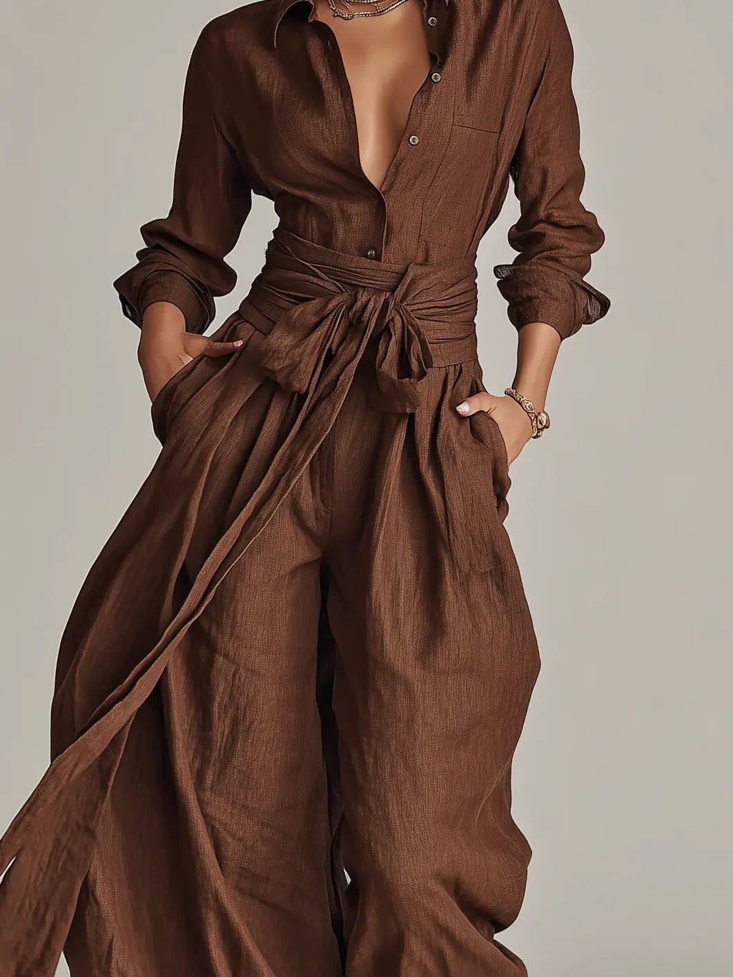 Women's Long Sleeve Jumpsuit with Shirt Collar, Tie Belt and Wide Leg