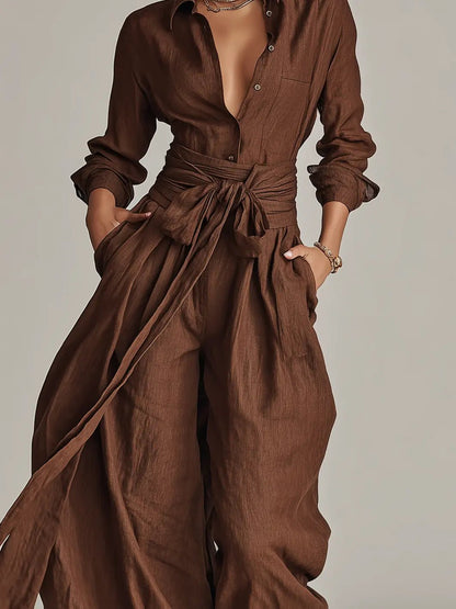 Women's Long Sleeve Jumpsuit with Shirt Collar, Tie Belt and Wide Leg