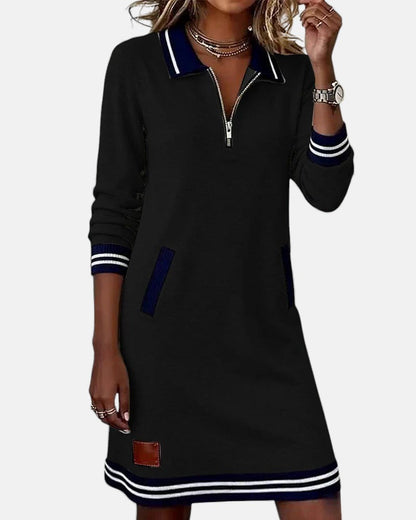 Women's Long Sleeve Mini Dress with Polo Collar and Zip Neckline