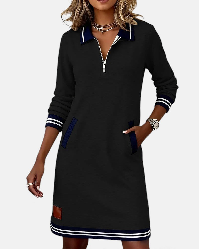 Women's Long Sleeve Mini Dress with Polo Collar and Zip Neckline