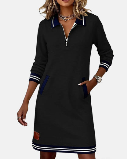Women's Long Sleeve Mini Dress with Polo Collar and Zip Neckline