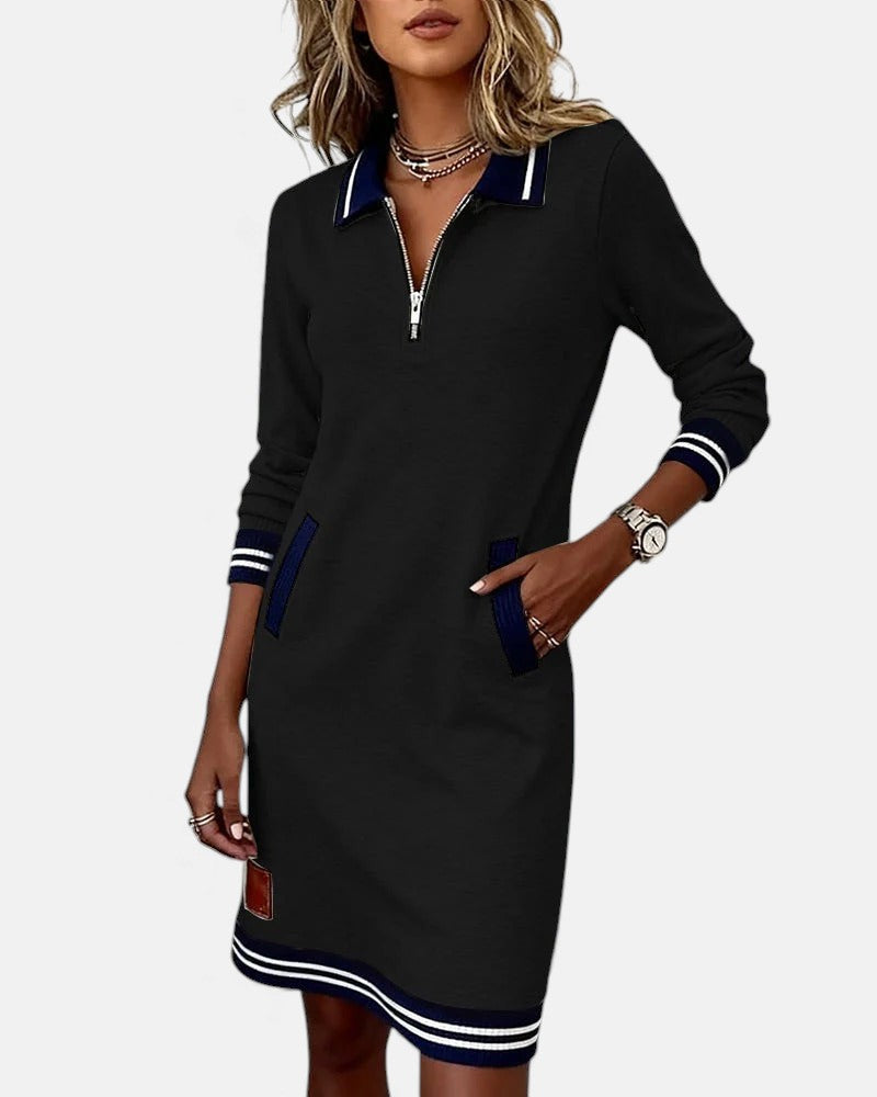 Women's Long Sleeve Mini Dress with Polo Collar and Zip Neckline