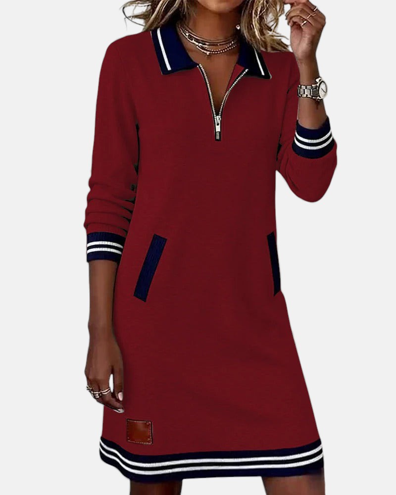 Women's Long Sleeve Mini Dress with Polo Collar and Zip Neckline