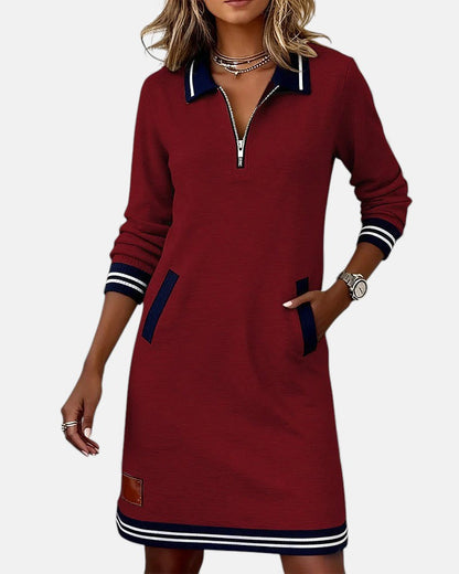 Women's Long Sleeve Mini Dress with Polo Collar and Zip Neckline