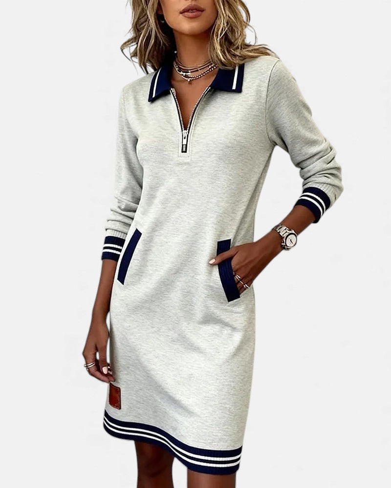 Women's Long Sleeve Mini Dress with Polo Collar and Zip Neckline