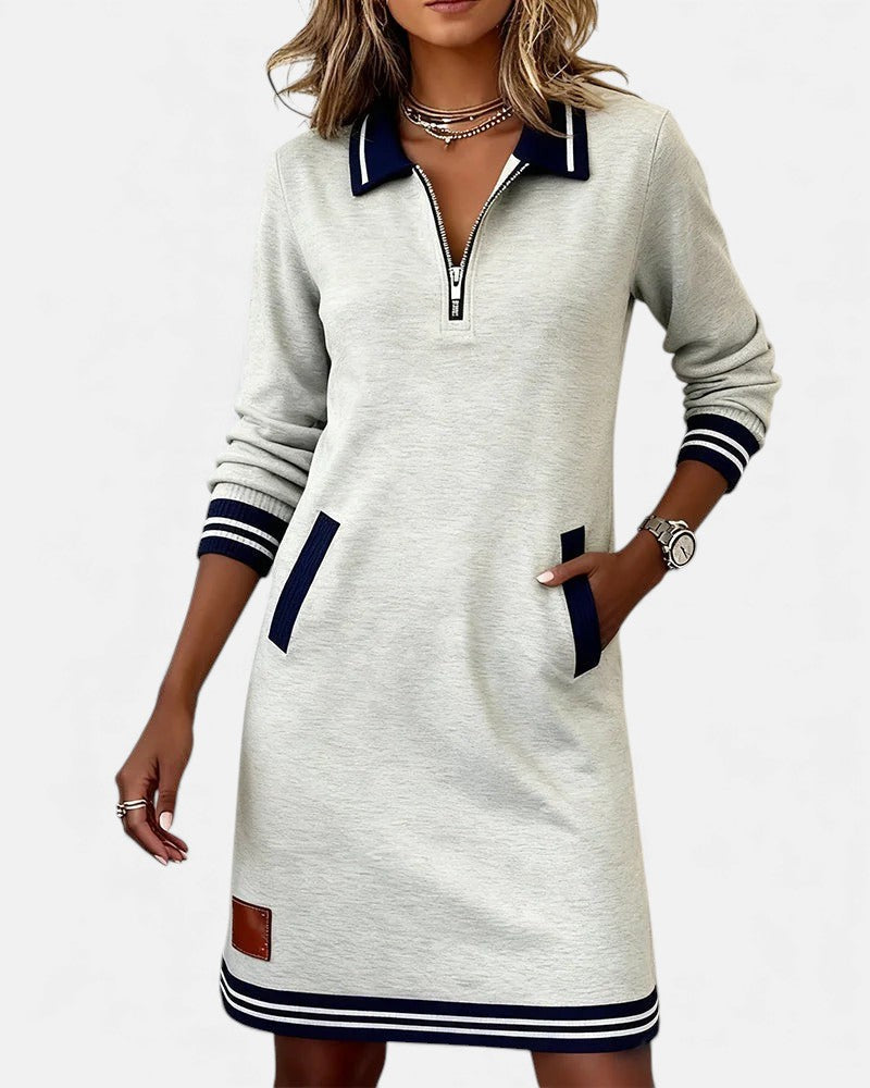 Women's Long Sleeve Mini Dress with Polo Collar and Zip Neckline