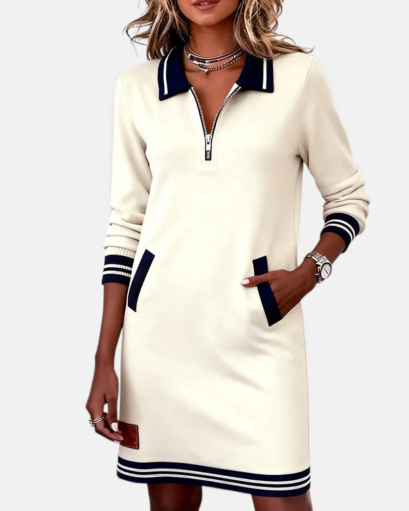 Women's Long Sleeve Mini Dress with Polo Collar and Zip Neckline