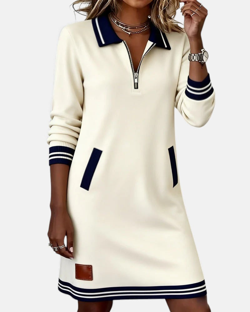 Women's Long Sleeve Mini Dress with Polo Collar and Zip Neckline