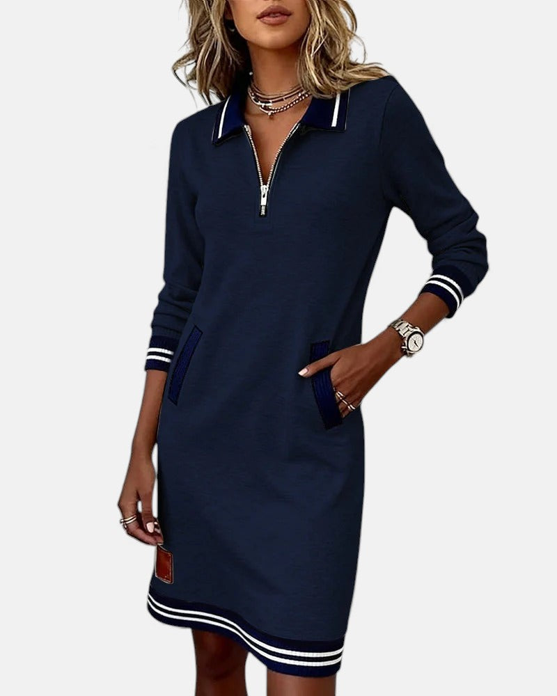 Women's Long Sleeve Mini Dress with Polo Collar and Zip Neckline