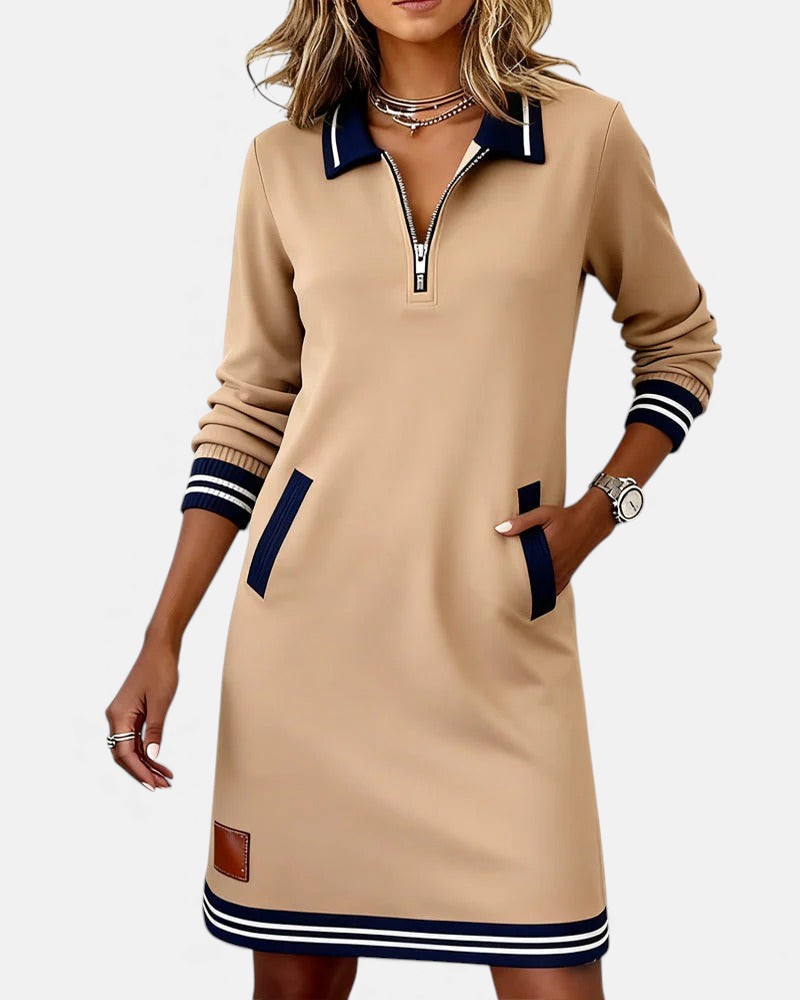 Women's Long Sleeve Mini Dress with Polo Collar and Zip Neckline