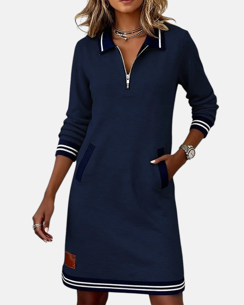Women's Long Sleeve Mini Dress with Polo Collar and Zip Neckline