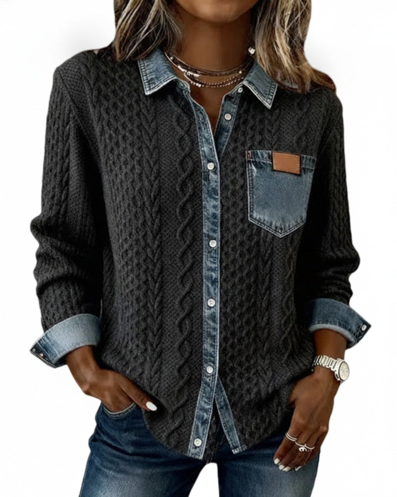 Women's Long Sleeve Sweater Top with Denim Collar and Button Front