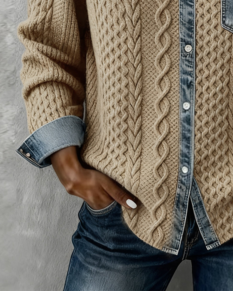 Women's Long Sleeve Sweater Top with Denim Collar and Button Front