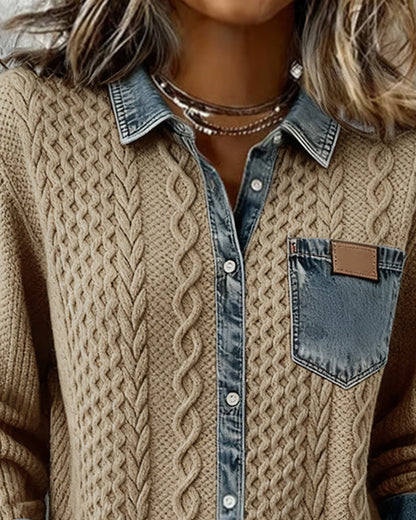 Women's Long Sleeve Sweater Top with Denim Collar and Button Front