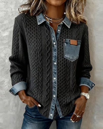 Women's Long Sleeve Sweater Top with Denim Collar and Button Front