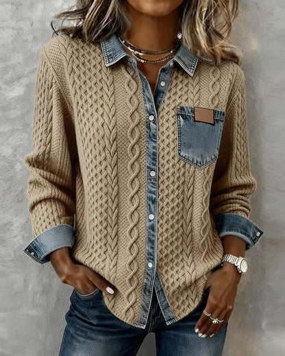Women's Long Sleeve Sweater Top with Denim Collar and Button Front