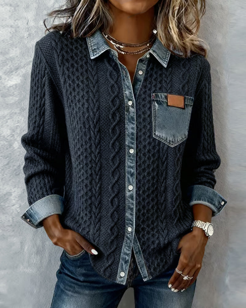 Women's Long Sleeve Sweater Top with Denim Collar and Button Front