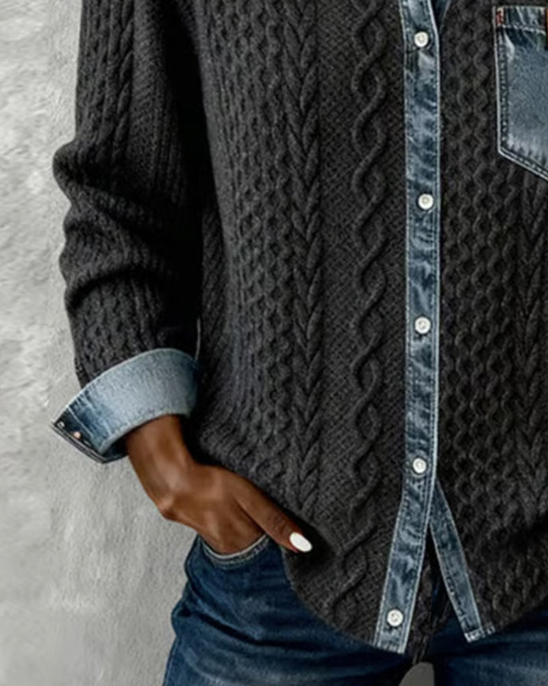 Women's Long Sleeve Sweater Top with Denim Collar and Button Front
