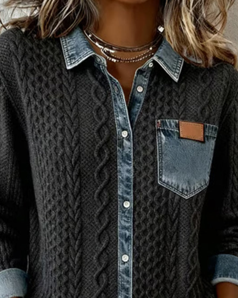Women's Long Sleeve Sweater Top with Denim Collar and Button Front