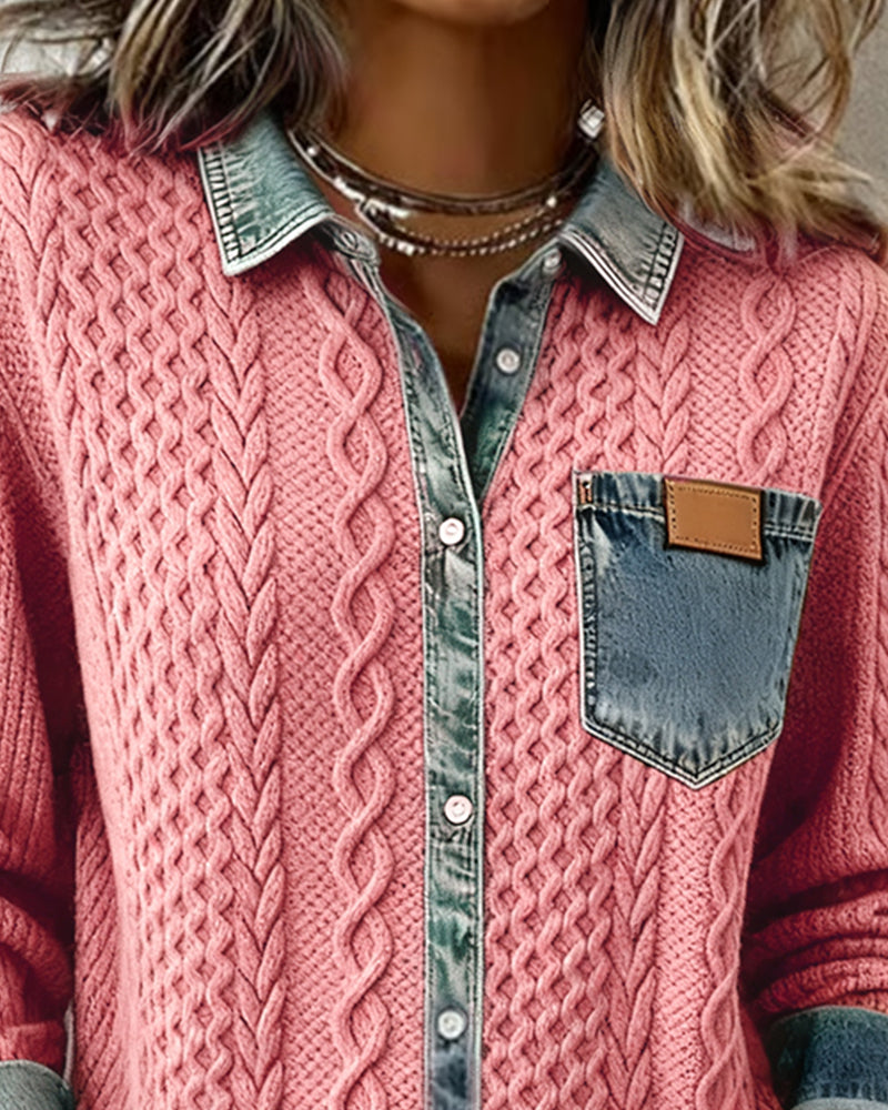 Women's Long Sleeve Sweater Top with Denim Collar and Button Front