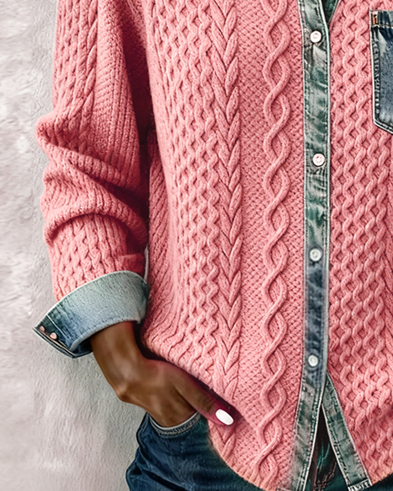 Women's Long Sleeve Sweater Top with Denim Collar and Button Front