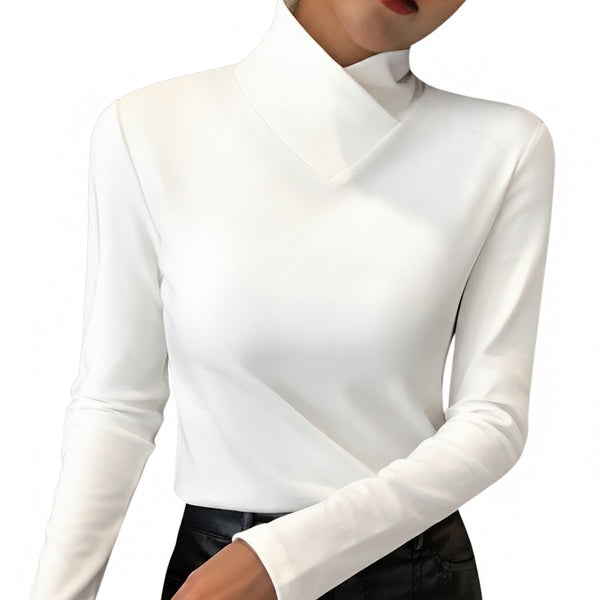 Women's Long Sleeve Top with Sculpted Turtleneck and V-Cut Neckline Slim Fit