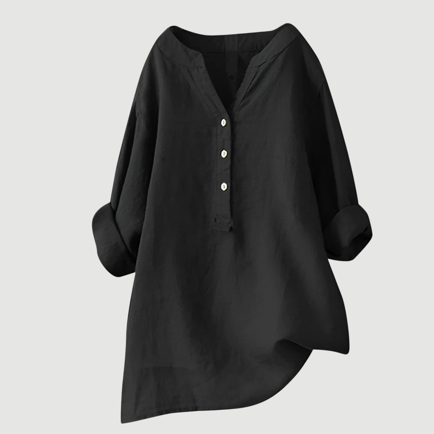 Women's Long Sleeve V-Neck Blouse with Button Front and Asymmetric Hem