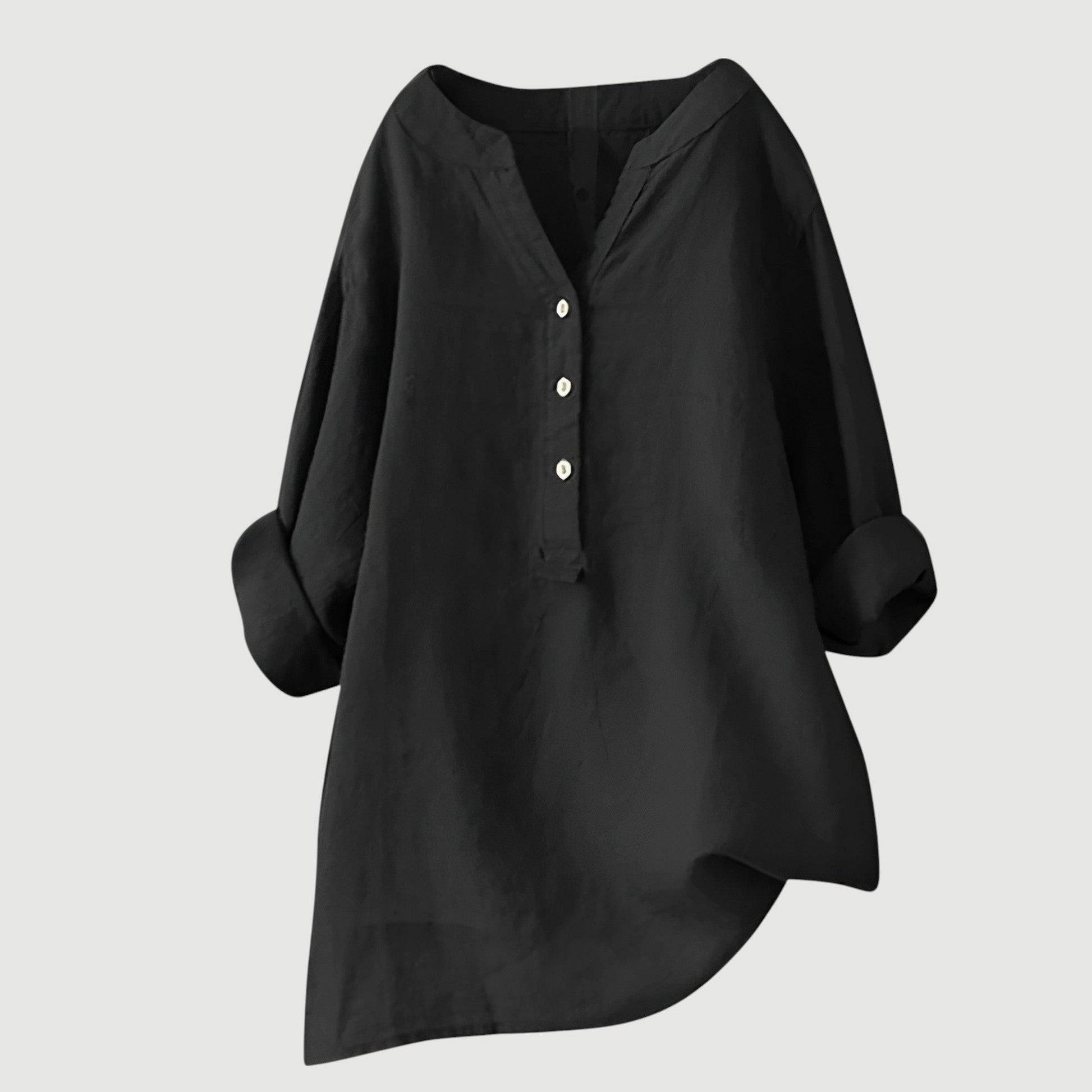 Women's Long Sleeve V-Neck Blouse with Button Front and Asymmetric Hem