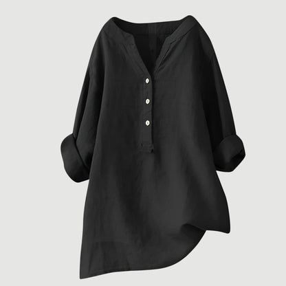 Women's Long Sleeve V-Neck Blouse with Button Front and Asymmetric Hem