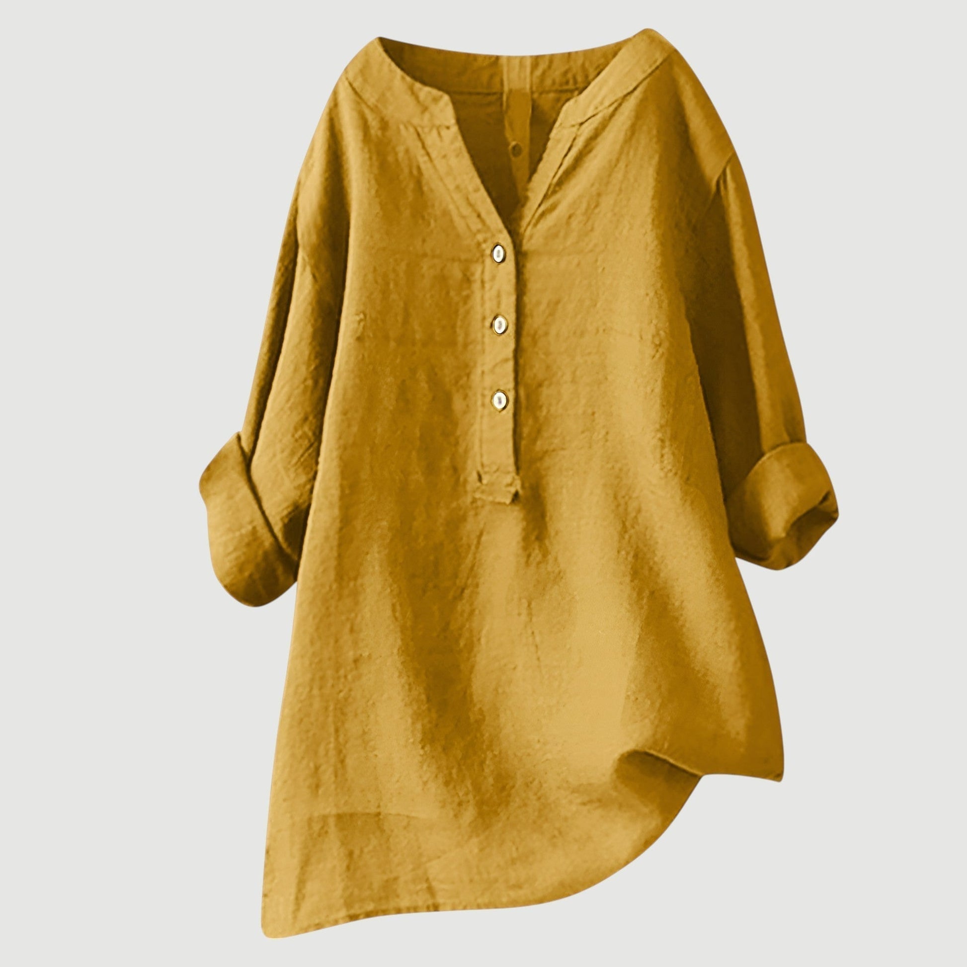 Women's Long Sleeve V-Neck Blouse with Button Front and Asymmetric Hem