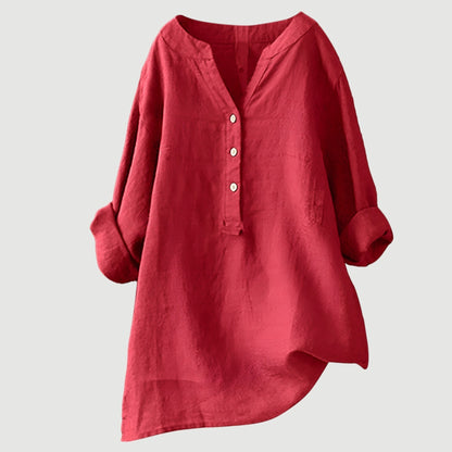 Women's Long Sleeve V-Neck Blouse with Button Front and Asymmetric Hem