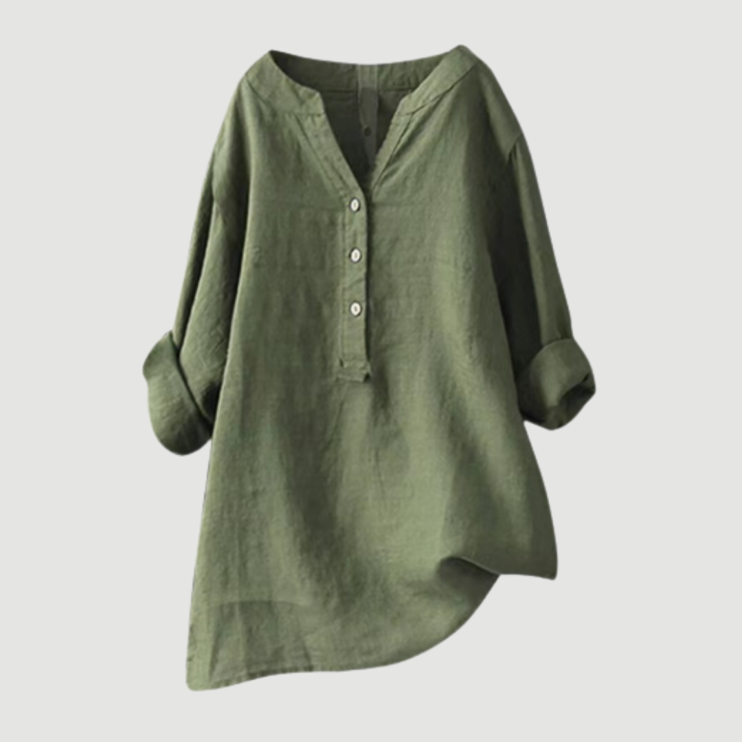 Women's Long Sleeve V-Neck Blouse with Button Front and Asymmetric Hem
