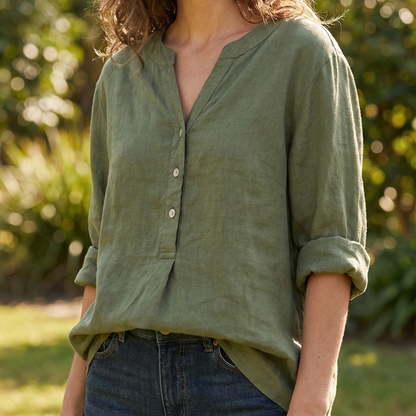 Women's Long Sleeve V-Neck Blouse with Button Front and Asymmetric Hem