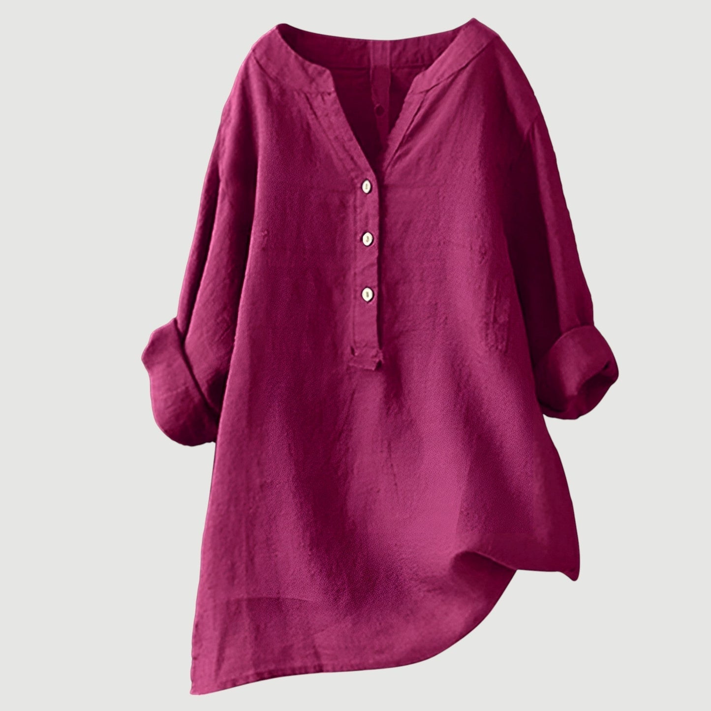 Women's Long Sleeve V-Neck Blouse with Button Front and Asymmetric Hem