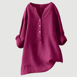 Women's Long Sleeve V-Neck Blouse with Button Front and Asymmetric Hem