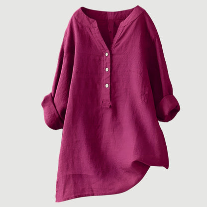 Women's Long Sleeve V-Neck Blouse with Button Front and Asymmetric Hem