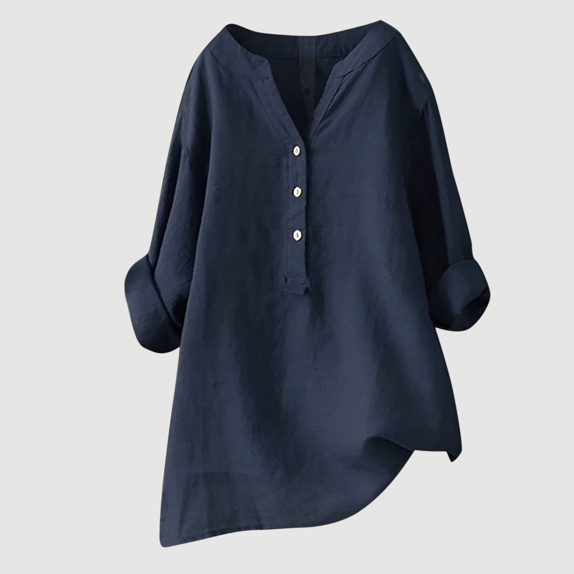Women's Long Sleeve V-Neck Blouse with Button Front and Asymmetric Hem