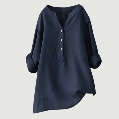 Women's Long Sleeve V-Neck Blouse with Button Front and Asymmetric Hem