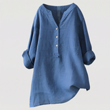 Women's Long Sleeve V-Neck Blouse with Button Front and Asymmetric Hem