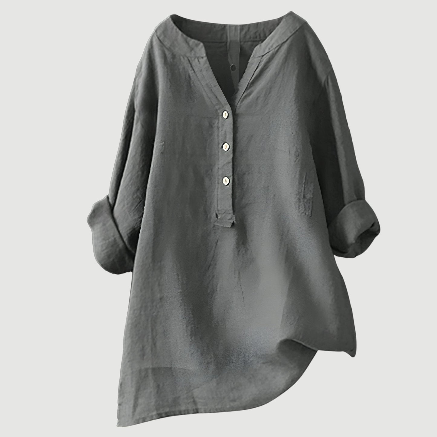 Women's Long Sleeve V-Neck Blouse with Button Front and Asymmetric Hem