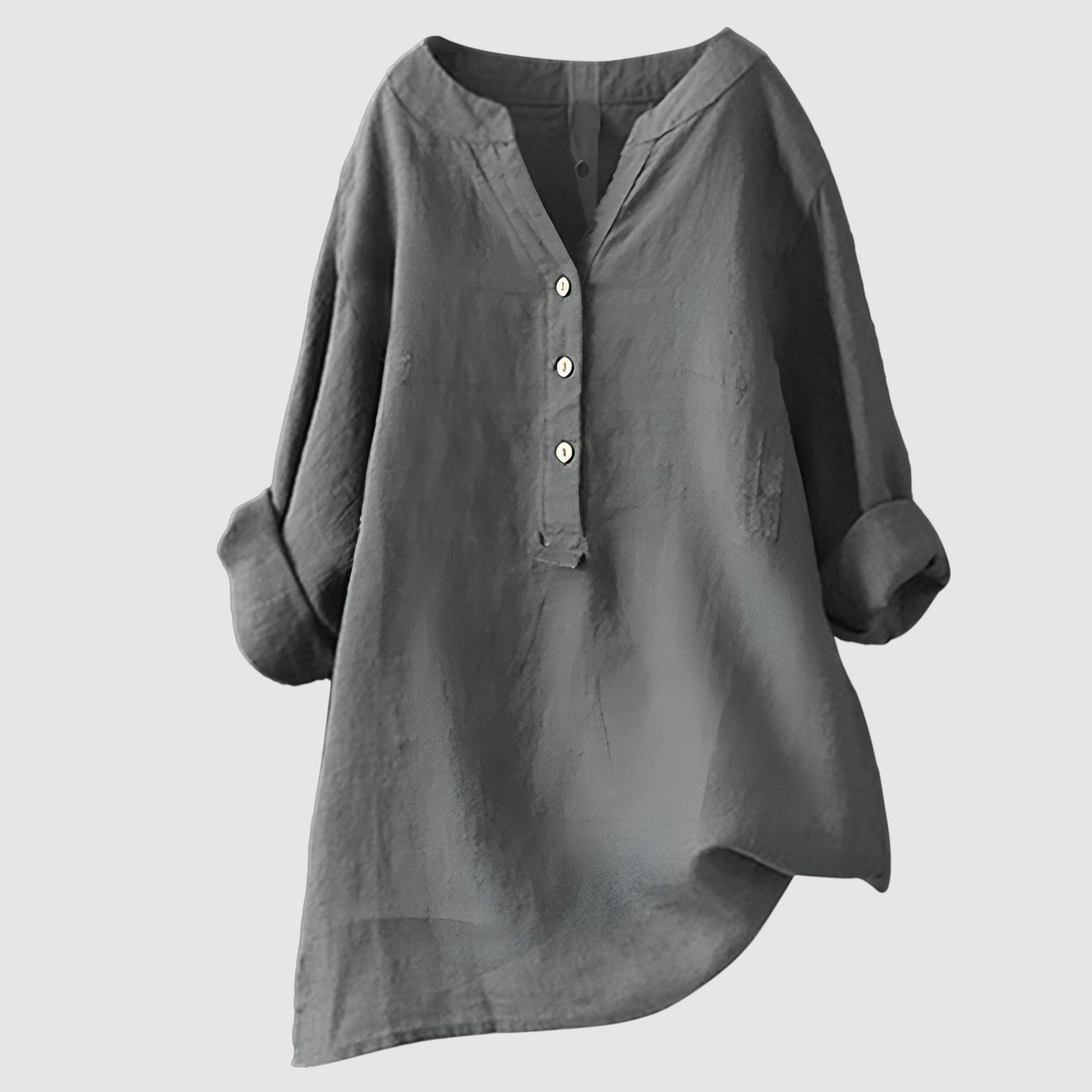 Women's Long Sleeve V-Neck Blouse with Button Front and Asymmetric Hem