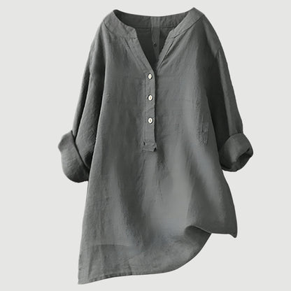 Women's Long Sleeve V-Neck Blouse with Button Front and Asymmetric Hem