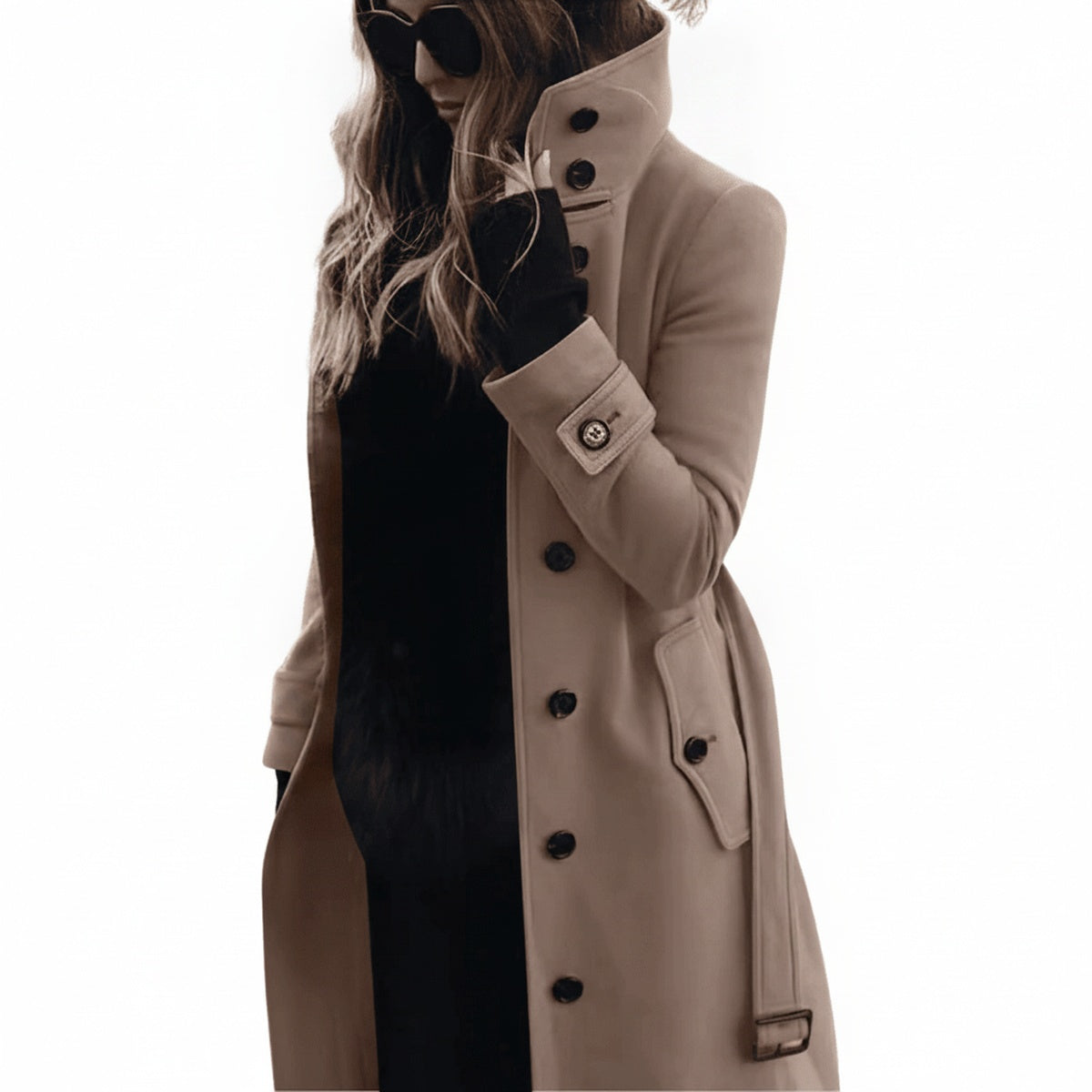Women's Long Winter Coat with Stand Collar and Button Closure