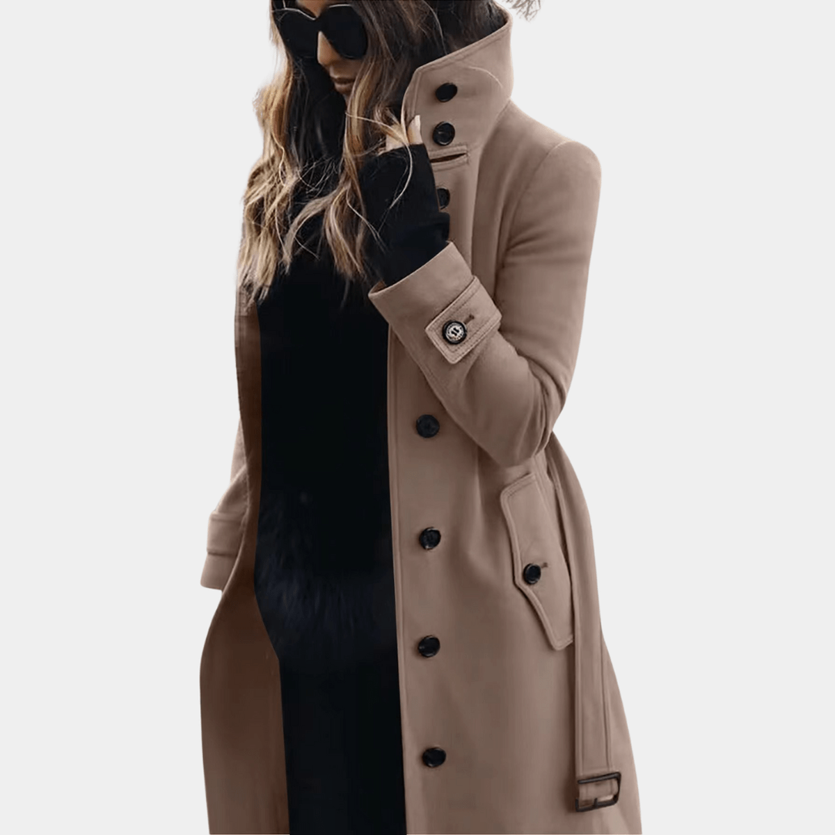 Women's Long Winter Coat with Stand Collar and Button Closure