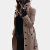 Women's Long Winter Coat with Stand Collar and Button Closure