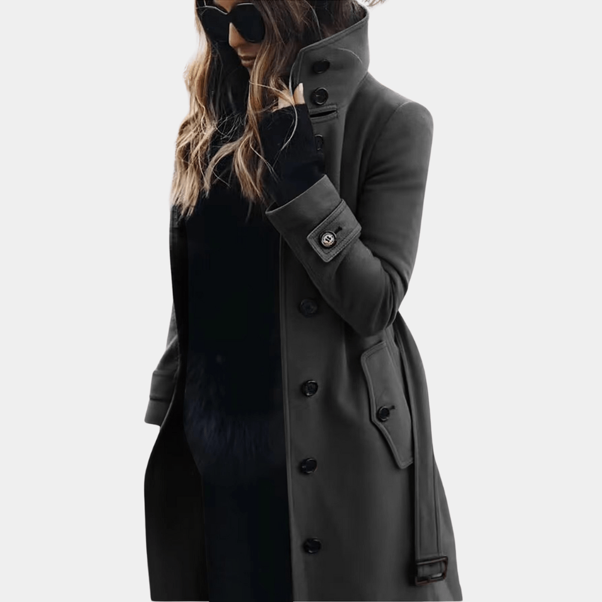 Women's Long Winter Coat with Stand Collar and Button Closure