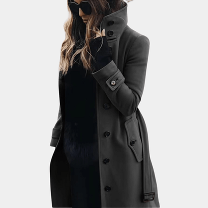 Women's Long Winter Coat with Stand Collar and Button Closure