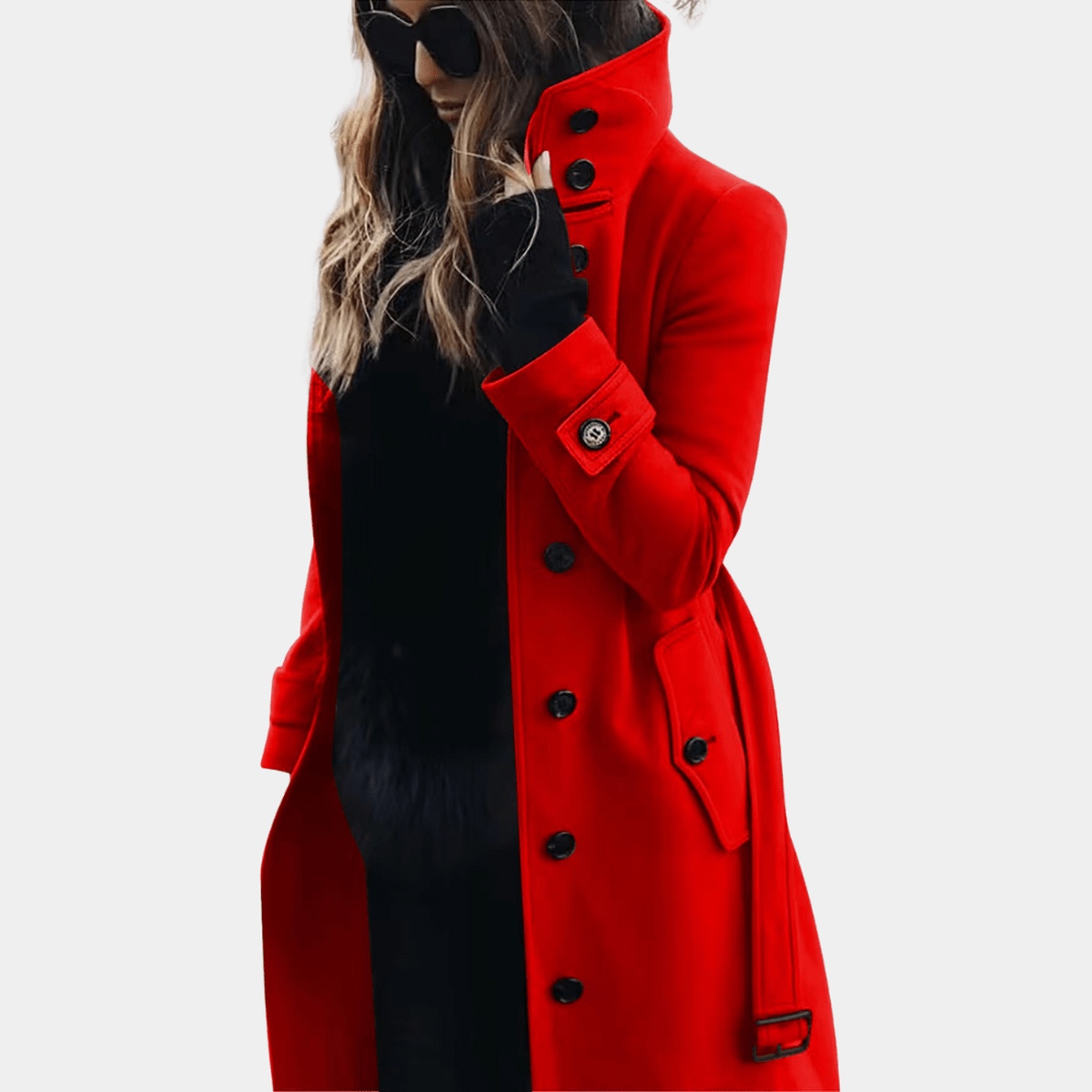 Women's Long Winter Coat with Stand Collar and Button Closure
