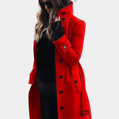 Women's Long Winter Coat with Stand Collar and Button Closure