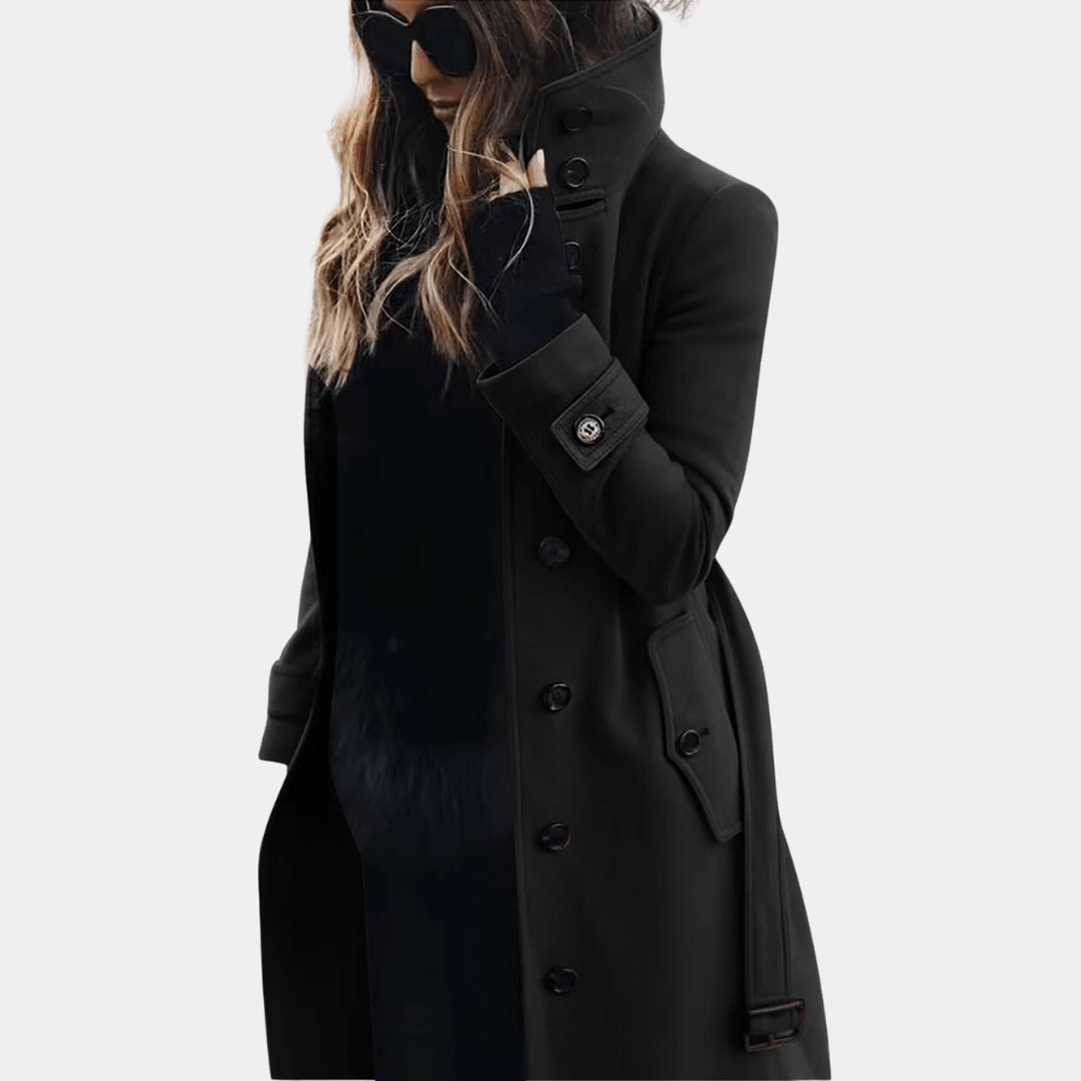 Women's Long Winter Coat with Stand Collar and Button Closure
